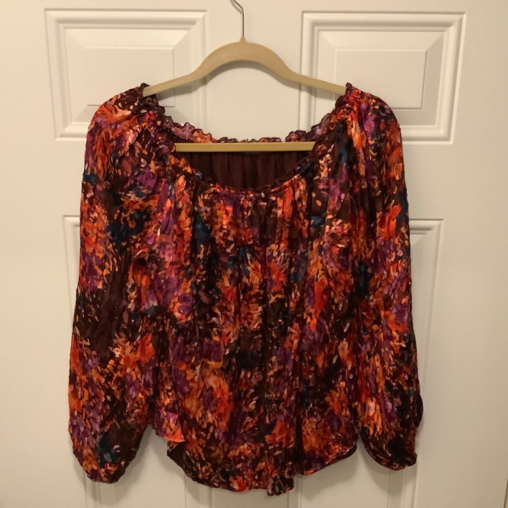 Watercolor Burnout Rayon/Silk/Polyester Blend Balloon Sleeve L Blouse - Picture 2 of 14
